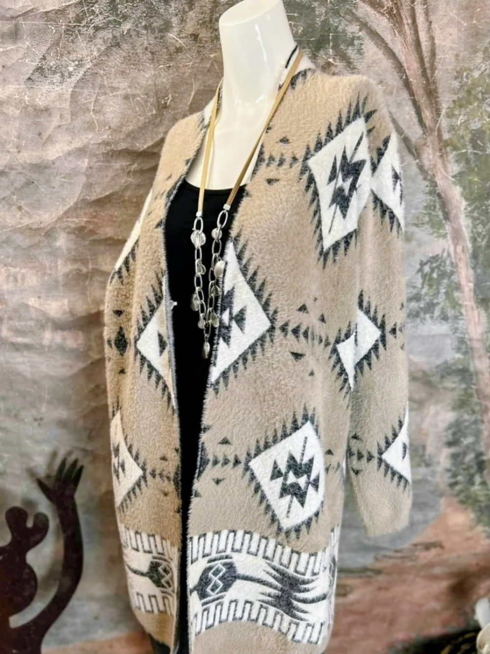 Beige Aztec-Pattern Open-Front Cardigan Sweater - Picture 3 of 15
